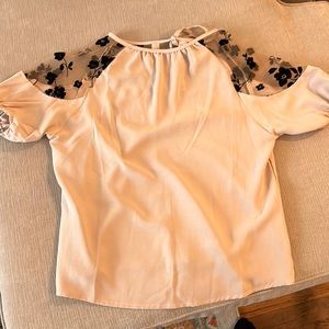 Nude blouse with black velvet shoulder